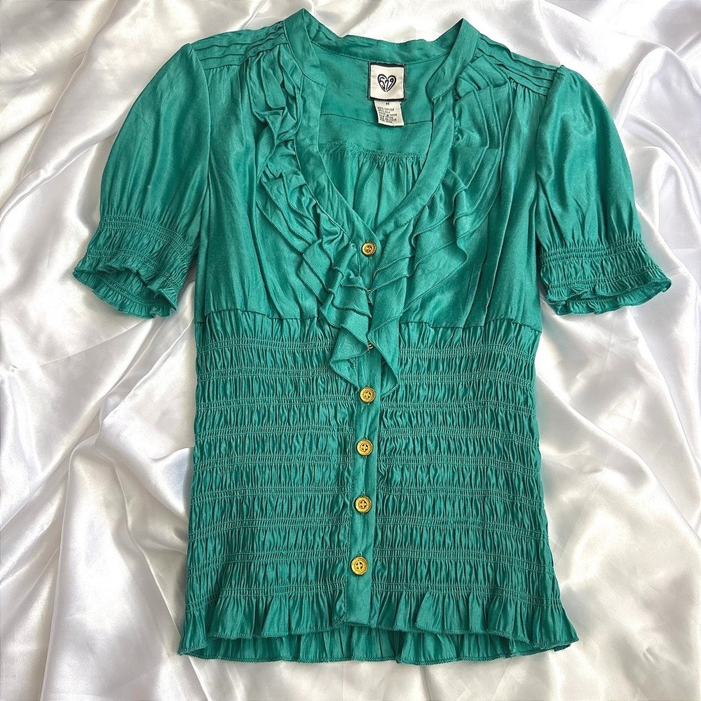 Heart Soul Womens Emerald Green Silk Blend Ruffle Smocked Waist Blouse Top